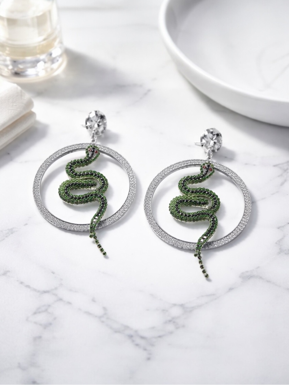 Snake Rhinestone Hoop Earrings Green Crystal Statement Dangle Silver Glam 4.25